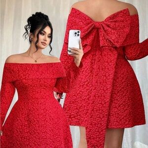 Elegant Red Off-Shoulder Dress with Bow Detail - Valentine’s Day Holiday Dress
